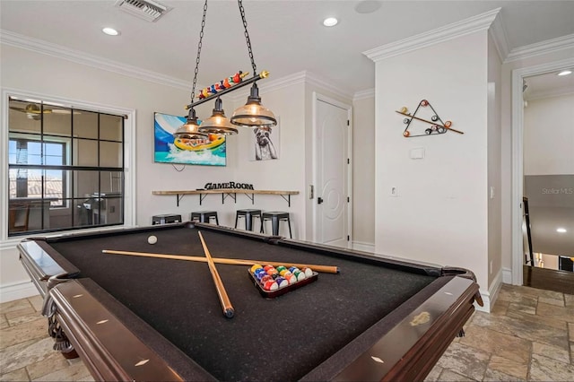 playroom with stone tile flooring, billiards, ornamental molding, recessed lighting, and baseboards
