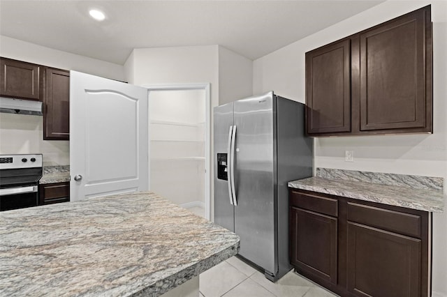 979 Sun Burst Rd, Winter Haven, FL 33880 - kitchen with appliances with stainless steel finishes, dark brown cabinets, under cabinet range hood, and light tile patterned flooring