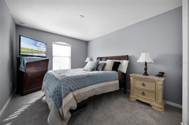 bedroom with carpet flooring, a textured ceiling, and baseboards