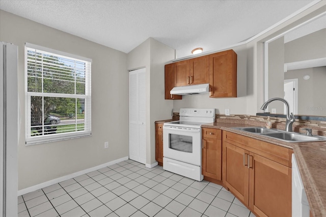 3685 Sunday Dr, Deltona, FL 32738 - kitchen with white appliances, a sink, under cabinet range hood, baseboards, and brown cabinetry