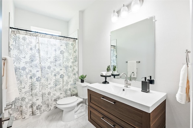 bathroom featuring toilet, vanity, a shower with curtain, and marble look tile flooring