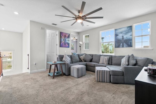14639 Winter Stay Dr, Winter Garden, FL 34787 - living room featuring ceiling fan, light colored carpet, and recessed lighting