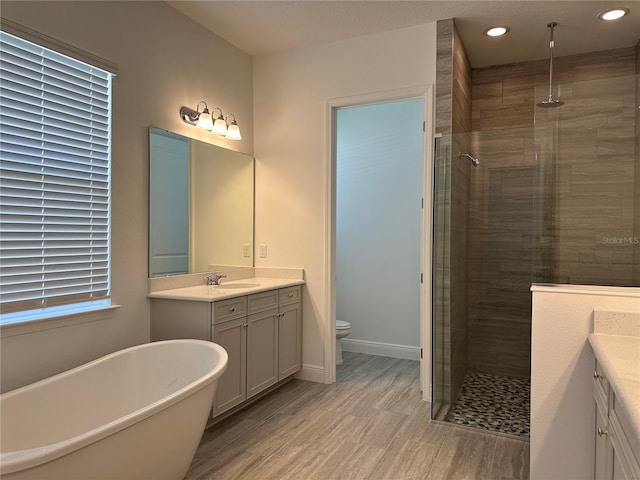 full bathroom featuring a stall shower, vanity, wood finished floors, toilet, and recessed lighting