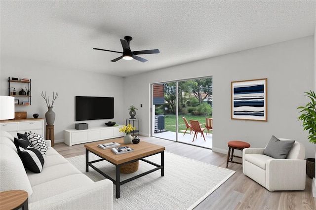 7085 Willowwood St, Orlando, FL 32818 - living room with light wood-type flooring, ceiling fan, a textured ceiling, and baseboards