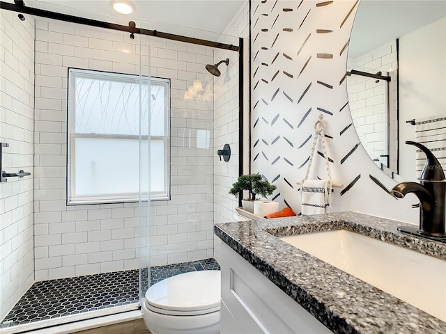 full bath featuring a shower stall, toilet, and vanity