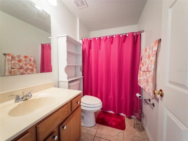 212 Ashford Dr, Davenport, FL 33837 - bathroom featuring toilet, vanity, a textured ceiling, tile patterned floors, and a shower with curtain