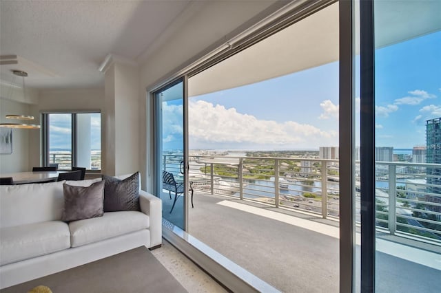 living area with a water view, a city view, plenty of natural light, a textured ceiling, and carpet flooring