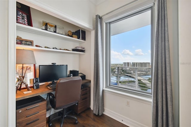 office space featuring baseboards and dark wood-type flooring
