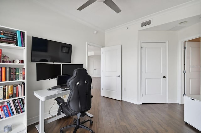 office space featuring a ceiling fan, wood finished floors, ornamental molding, and baseboards