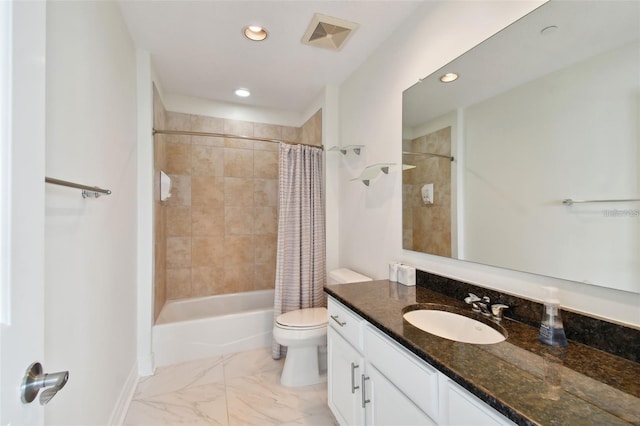 full bath featuring recessed lighting, vanity, toilet, shower / bath combo with shower curtain, and marble finish flooring