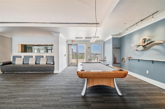 game room with carpet, baseboards, track lighting, crown molding, and billiards table