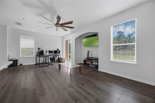 2330 Little Gem Loop, Sanford, FL 32773 - office with a ceiling fan, wood finished floors, baseboards, and arched walkways