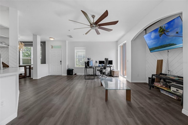 2330 Little Gem Loop, Sanford, FL 32773 - living room with ceiling fan, an office area, dark wood-type flooring, and baseboards