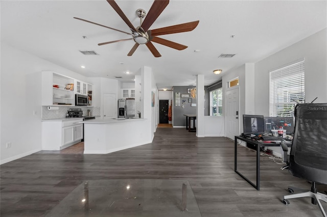 2330 Little Gem Loop, Sanford, FL 32773 - kitchen with appliances with stainless steel finishes, open shelves, white cabinets, ceiling fan, and an office area