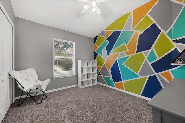 2330 Little Gem Loop, Sanford, FL 32773 - living area with carpet, a ceiling fan, baseboards, and vaulted ceiling