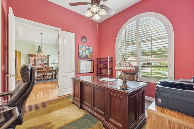 13524 Glynshel Dr, Winter Garden, FL 34787 - office with a chandelier, a ceiling fan, and light colored carpet