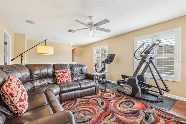 13524 Glynshel Dr, Winter Garden, FL 34787 - living area featuring baseboards, ceiling fan, plenty of natural light, and wood finished floors