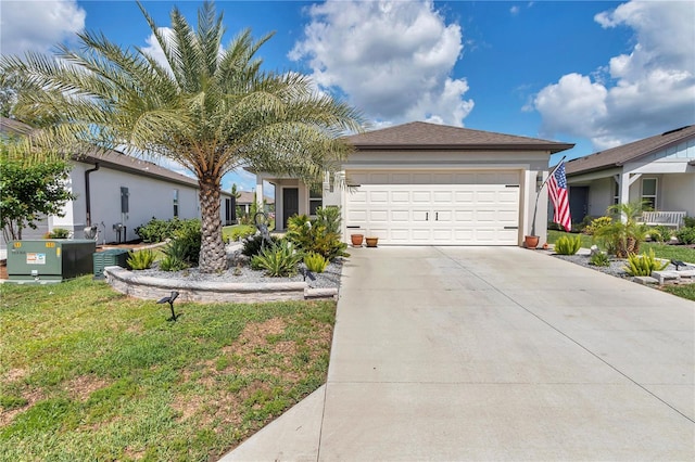 8413 SW 54th Loop, Ocala, FL 34481 - ranch-style house featuring concrete driveway, a garage, stucco siding, a front lawn, and cooling unit