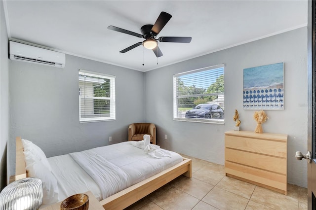 bedroom featuring a wall mounted air conditioner, multiple windows, crown molding, light tile patterned floors, and a ceiling fan