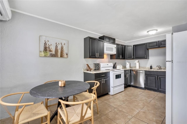 kitchen with white appliances, crown molding, a wall mounted AC, a sink, and light tile patterned floors