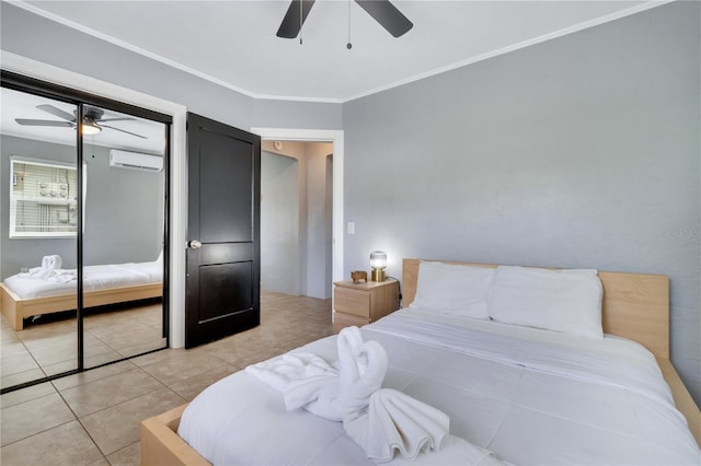 bedroom with light tile patterned floors, a wall mounted AC, a ceiling fan, ornamental molding, and a closet