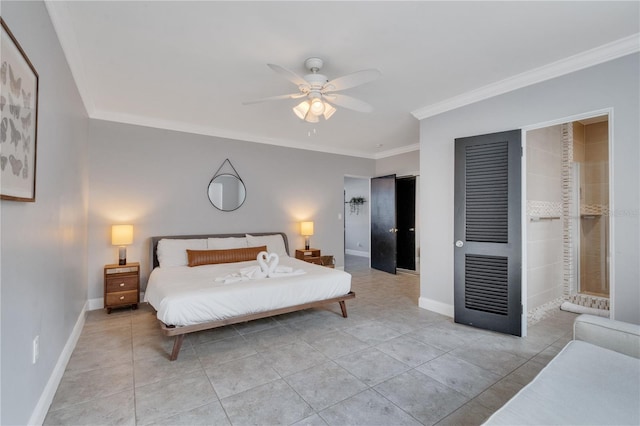 bedroom with light tile patterned floors, crown molding, baseboards, and ceiling fan