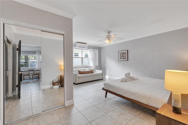 bedroom featuring a wall mounted air conditioner, crown molding, multiple windows, light tile patterned floors, and a ceiling fan