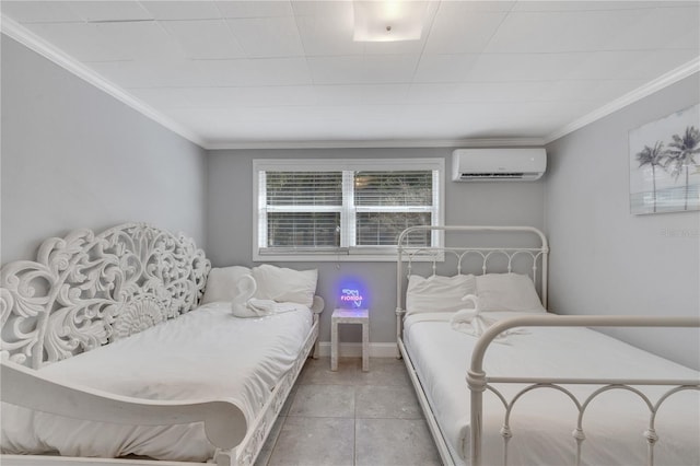 tiled bedroom with a wall mounted AC and ornamental molding
