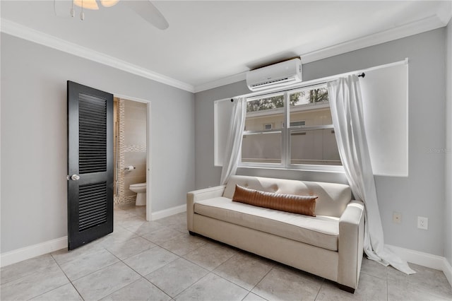 sitting room with a wall mounted AC, baseboards, crown molding, a ceiling fan, and tile patterned floors