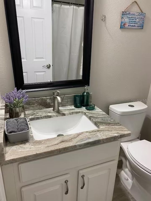 full bathroom featuring vanity, toilet, and a textured wall