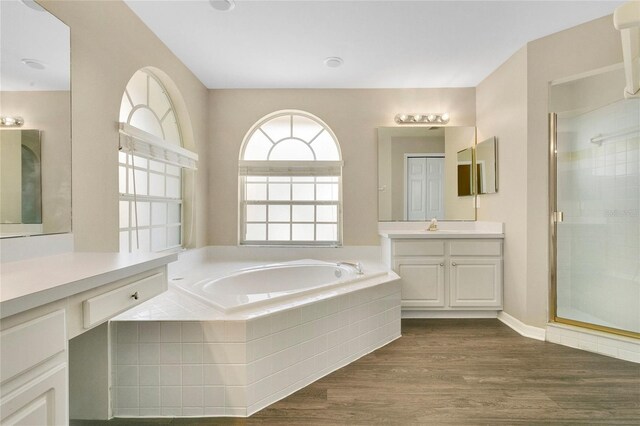 922 Hatteras Ave, Minneola, FL 34715 - bathroom with a stall shower, a garden tub, vanity, and wood finished floors