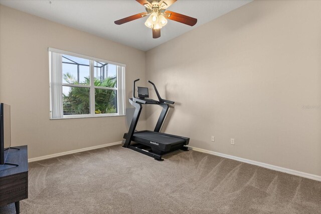 14174 Islamorada Dr, Orlando, FL 32837 - workout area featuring carpet flooring, baseboards, and a ceiling fan
