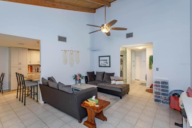 470 Oak Haven Dr Unit 470, Altamonte Springs, FL 32701 - living room featuring ceiling fan, high vaulted ceiling, light tile patterned flooring, and wooden ceiling with exposed beams
