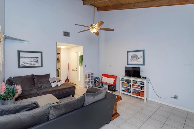 470 Oak Haven Dr Unit 470, Altamonte Springs, FL 32701 - living area featuring stacked washer / dryer, ceiling fan, wood ceiling with exposed beams, light tile patterned flooring, and baseboards
