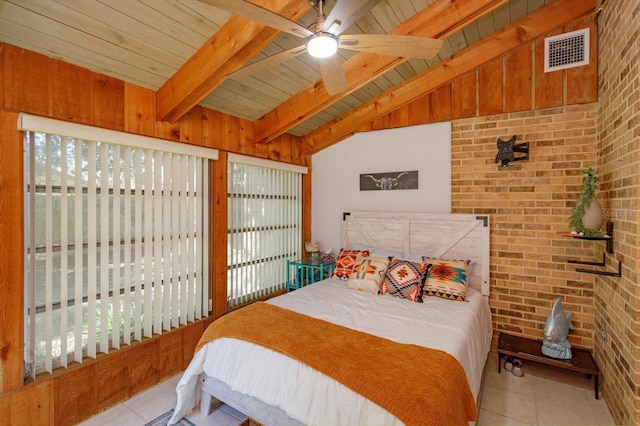 470 Oak Haven Dr Unit 470, Altamonte Springs, FL 32701 - tiled bedroom with brick wall, wooden ceiling, and ceiling fan