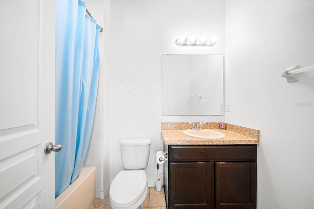 full bath with vanity, toilet, shower / bath combo with shower curtain, and tile patterned flooring