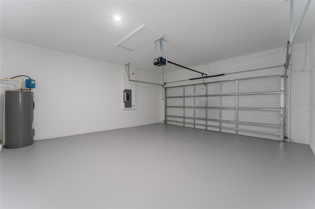 7104 N Maltese Dr, Citrus Springs, FL 34433 - garage featuring water heater, electric panel, a garage door opener, and concrete block wall