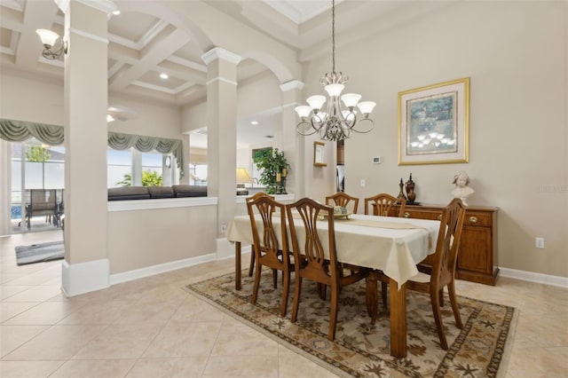 724 Duff Dr, Winter Garden, FL 34787 - dining area with a chandelier, coffered ceiling, beamed ceiling, baseboards, and ornamental molding