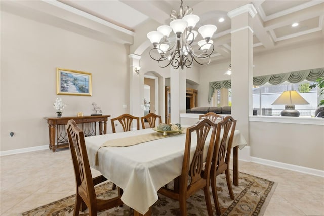 724 Duff Dr, Winter Garden, FL 34787 - dining area with light tile patterned flooring, arched walkways, a chandelier, baseboards, and beamed ceiling