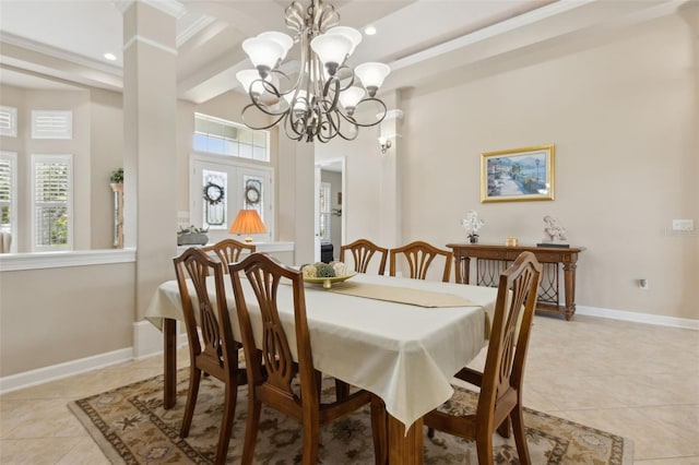 724 Duff Dr, Winter Garden, FL 34787 - dining room with a chandelier, light tile patterned floors, recessed lighting, baseboards, and ornamental molding