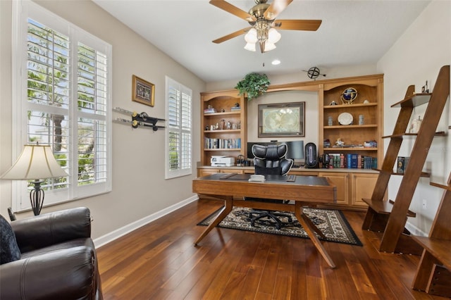 724 Duff Dr, Winter Garden, FL 34787 - home office with dark wood-style flooring, baseboards, a ceiling fan, and recessed lighting