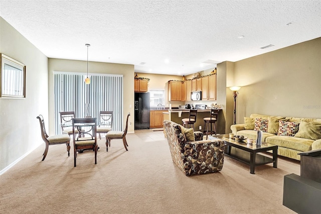 living room featuring light colored carpet, baseboards, and a textured ceiling