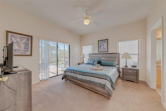 446 Summer Place Loop, Clermont, FL 34714 - bedroom with light colored carpet, access to outside, a ceiling fan, and baseboards