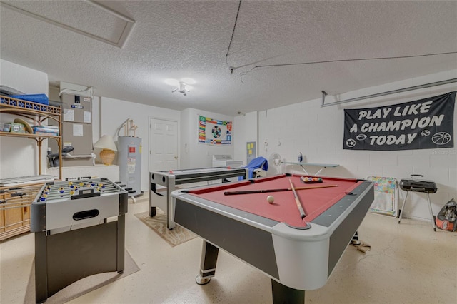 446 Summer Place Loop, Clermont, FL 34714 - playroom with water heater, concrete block wall, a textured ceiling, and pool table