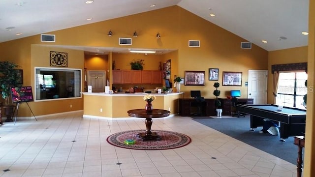 446 Summer Place Loop, Clermont, FL 34714 - recreation room featuring high vaulted ceiling, light tile patterned flooring, pool table, and recessed lighting