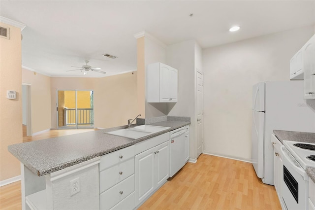 kitchen with a sink, white appliances, a peninsula, white cabinetry, and ceiling fan