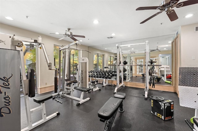 workout area with a ceiling fan and recessed lighting