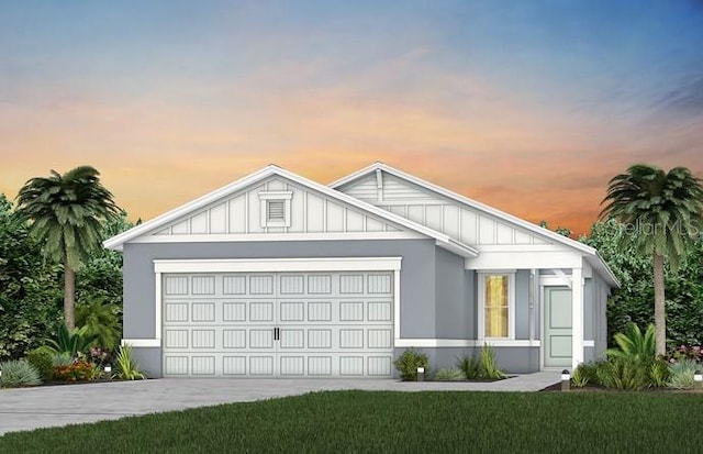 view of front facade featuring board and batten siding, a garage, and driveway