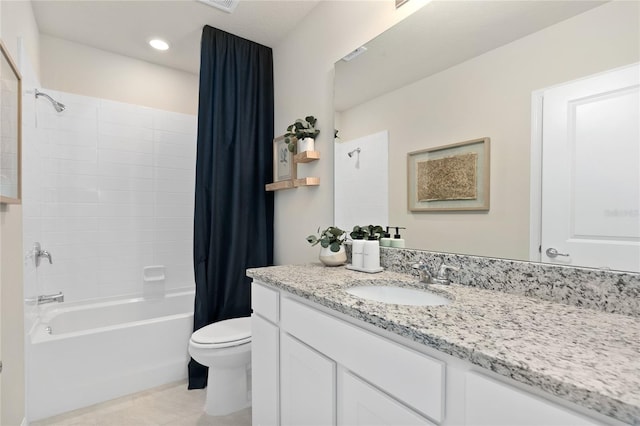 bathroom with shower / bath combination with curtain, toilet, vanity, tile patterned flooring, and recessed lighting