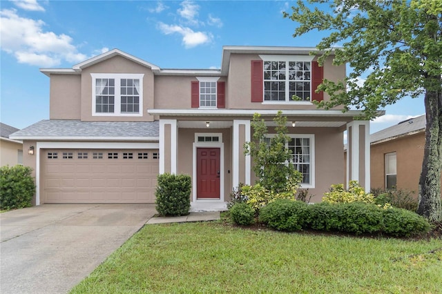 7551 Bear Claw Run, Orlando, FL 32825 - traditional home featuring stucco siding, an attached garage, concrete driveway, and a front yard